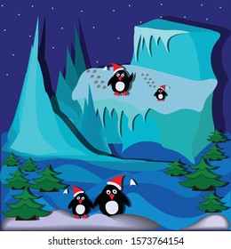 Funny vector illustration with cute penguins on a glacier. Winter lanscape with hand drawn elements, Christmas trees, ice floes. Cartoon paper cut style design