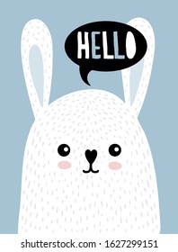 Funny Vector Illustration with Cute White Bunny. Lovely Nursery Art with Sweet Rabbit Isolated on a Blue Background. Lovely Drawing for Card, Poster, Invitation Wall Art, Baby Boy Room Decoration.