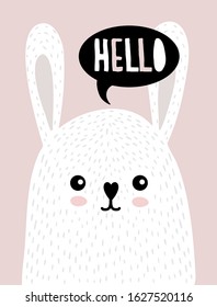 Funny Vector Illustration with Cute White Bunny. Lovely Nursery Art with Sweet Rabbit Isolated on a Pink Background. Lovely Drawing for Card, Poster, Invitation Wall Art, Baby Girl Room Decoration.