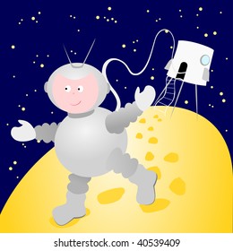 Funny vector illustration depicting an astronaut lands on a planet while