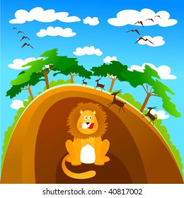 Funny vector illustration depicting a lion in the savannah