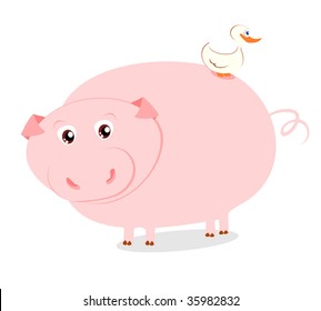 Funny vector illustration depicting a pig with a small bird on his back