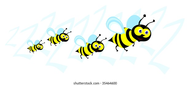 Funny vector illustration depicting a small swarm of bees in cartoon style