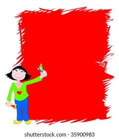 	 Funny vector illustration depicting a young girl while holding the pencil with which he has designed a colorful hatching