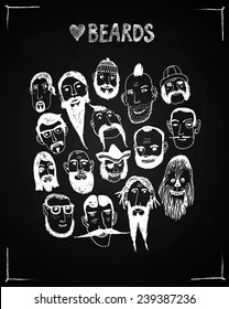 Funny vector illustration of different types of beards on blackboard background. Isolated editable objects.