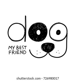 Funny Vector illustration of a dog face with eyes included in the word "dog" on white background