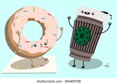 Funny Vector illustration Donut and coffee