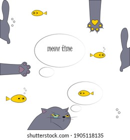 funny vector illustration of doodle cat and fish