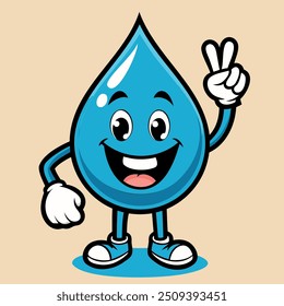 A funny vector illustration of a drop with a cheerful face, arms, and legs, making a victory gesture, perfect for energetic and uplifting designs