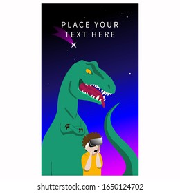 Funny  vector illustration of an enthusiastic boy in virtual reality glasses with a dinosaur standing behind him. Modern technologies, virtual reality.