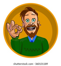 Funny vector illustration of excited man showing OK gesture. Made in comic cartoon style.