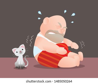 Funny vector illustration of fat bald man doing sit up excercising. Poor man lift  his torso up try to touch his foot. Concept of Strong healthy fat man.