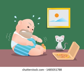 Funny vector illustration of fat bald man doing sit up excercising.Poor man lift  his torso up as close to the pizza on his toes.Pizza is his prize.Concept of Strong healthy fat man.