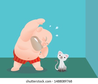 Funny vector illustration of fat bald man doing excercising. Concept of Strong healthy fat man. cartoon