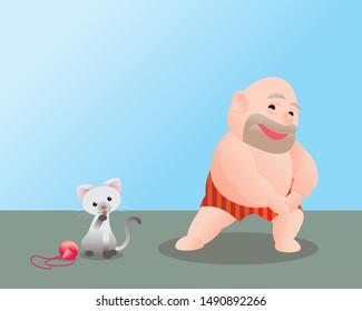Funny vector illustration of fat bald man doing excercising. Concept of Strong healthy fat man. cartoon