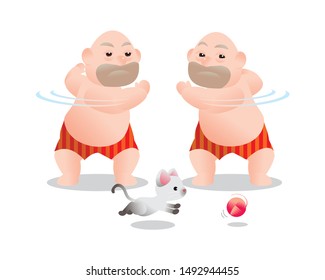 Funny vector illustration of fat bald man doing excercising. Concept of Strong healthy fat man. cartoon
