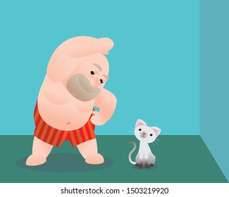 Funny vector illustration of fat bald man doing excercising and get fill better. Concept of Strong healthy fat man. cartoon