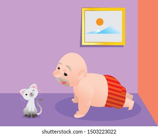 Funny vector illustration of fat bald man doing excercising and get fill better. Concept of Strong healthy fat man. cartoon