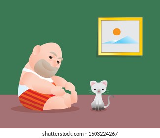 Funny vector illustration of fat bald man doing sit up excercising. Poor man lift  his torso up try to touch his foot. Concept of Strong healthy fat man. feel better cartoon
