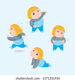 Funny vector illustration of fat woman doing excercising. Concept of Strong healthy fat woman. cartoon