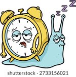 Funny vector illustration of a fatigued snail with an alarm clock shell symbolizing procrastination morning grogginess slow productivity exhaustion and time management humor for digital or print use
