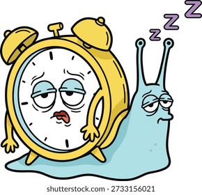 Funny vector illustration of a fatigued snail with an alarm clock shell symbolizing procrastination morning grogginess slow productivity exhaustion and time management humor for digital or print use
