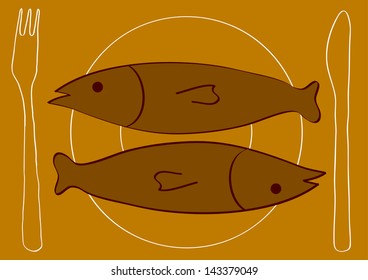 funny vector illustration of fish on the plate, knife and fork in cartoon style