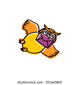 Funny vector illustration of flying owl with a letter isolated on white background. cartoon owl character can be used as a logo or an icon for e-mail and other contact information at website.