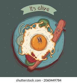 Graciosa ilustración vectorial de la comida que cobró vida. Huevo frito vivo y salchicha en un plato apoyado por el texto del título Está vivo. Concepto de monstruo Frankenstein. Afiche de la cafetería de Halloween. Impresión de camisetas