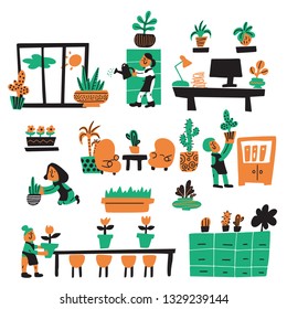 Funny vector illustration of gardeners, taking care about office plants. Office plantscaping concept. Doodle style
