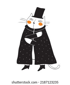 Funny Vector Illustration with  Gentleman Cat in a Black Hat and Wrap-up Isolated on a White Background. Simple Infantile Style Print with Funny Hand Drawn Magician Cat ideal for Card,Poster, Wall Art