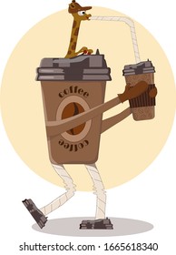 Funny vector illustration of a giraffe with coffee. Suitable for both advertising and a fun postcard.