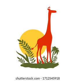 Funny vector illustration of giraffe silhouette with sun and exotic plants.