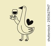 Funny vector illustration with goose, wine glass and heart. Monochrome print design with animal and drink, apparel print, wall decoration poster