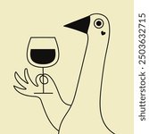 Funny vector illustration with goose and wine glass. Monochrome print design with animal and drink, apparel print, home and bar wall decoration poster