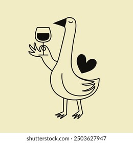 Ilustración vectorial divertida con ganso, copa de vino y corazón. Diseño de impresión monocromo con animal y bebida, impresión de la ropa, cartel de la decoración de la pared