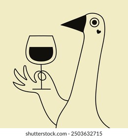 Ilustración vectorial divertida con ganso y copa de vino. Diseño de impresión monocromo con animal y bebida, impresión de ropa, hogar y bar cartel de decoración de pared