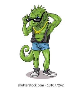 Funny vector illustration of a green iguana lizard posing.