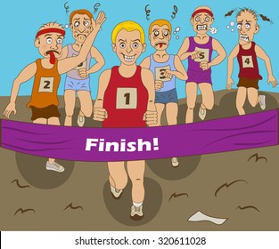 Funny vector illustration of a group of marathon runners, finally coming to the finish.