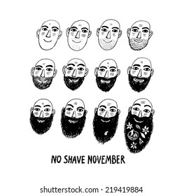 Funny vector illustration of growing beard for No shave November action. Isolated editable objects.