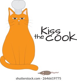 Funny vector illustration of a grumpy orange cat wearing a chef's hat and a dead rat next to it, under a sign that says "Kiss the cook"