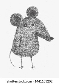 Funny Vector Illustration with Hand Drawn Gray Mouse. Infantile Style Nursery Art for Card, Poster, Wall Art, Printing. Cute Little Mouse  Isolated on a Light Gray Background. 