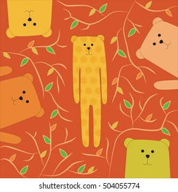 Funny vector illustration of happy bear standing in decorative bushes