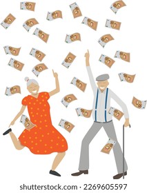 funny vector illustration of a happy rich retired couple dancing under a rain of banknotes
