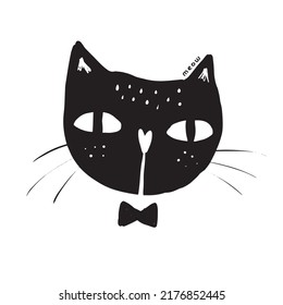 Funny Vector Illustration with Head of Black Cat Isolated on a White Background. Simple Infantile Style Print ideal for Wall Art, Poster, Card, Cat Lovers. Cool Printable Art with Lovely Kitten.