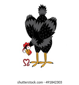 Funny vector illustration with the image of a chicken and an unusual worm