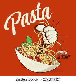 funny vector illustration of italian pasta with cartoon hand coming out