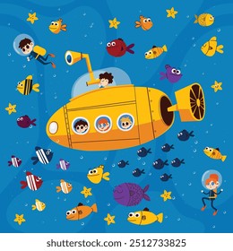 Funny vector illustration for kids: yellow submarine with happy children on board sailing through the sea depths, where they are surrounded by bright colorful fish.