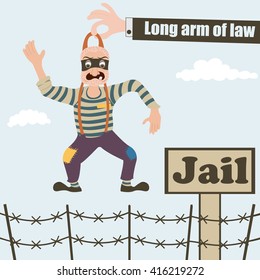 funny vector illustration of an long arm putting to jail a criminal.