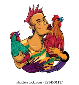 funny vector illustration of a man holding cock